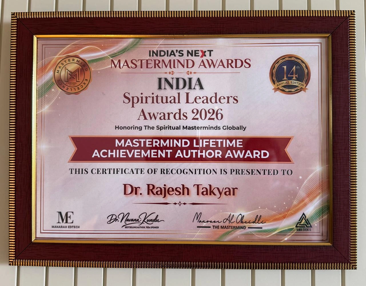 India Spiritual Leaders Awards 2026 — Lifetime Achievement certificate