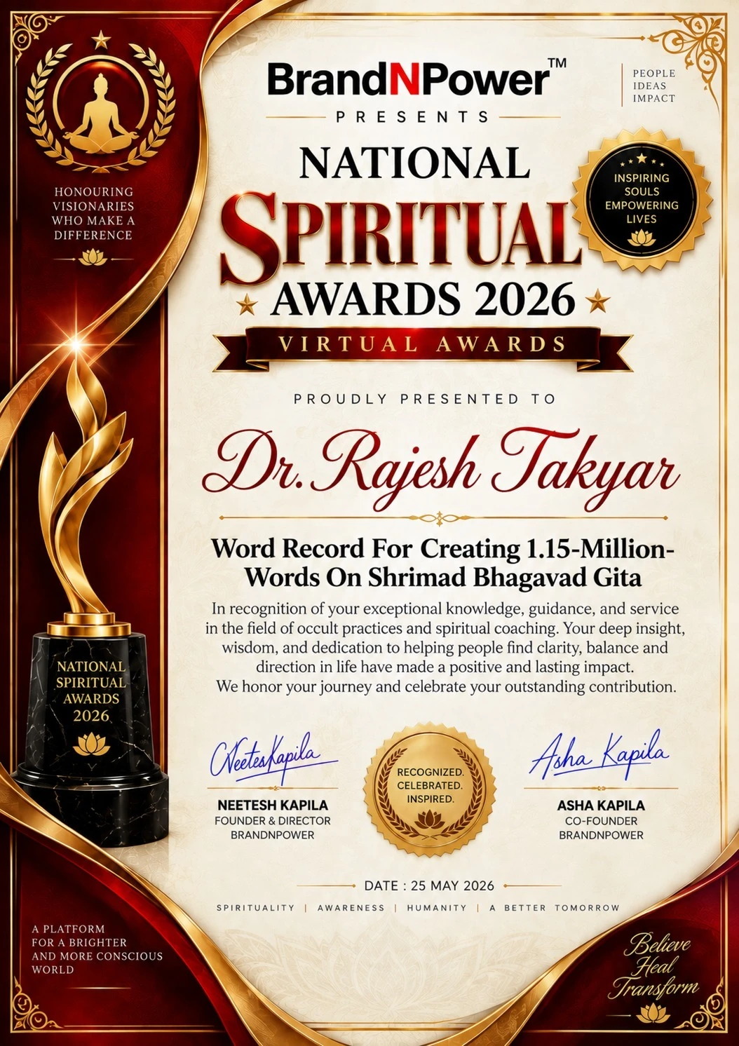 National Spiritual Awards 2026 — Certificate
