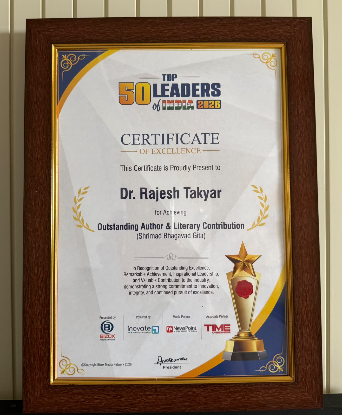Top 50 Leaders of India 2026 — Certificate of Excellence