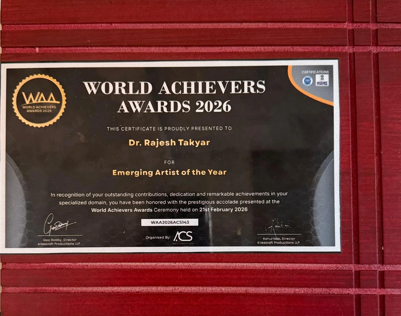 World Achievers Awards 2026 — Certificate