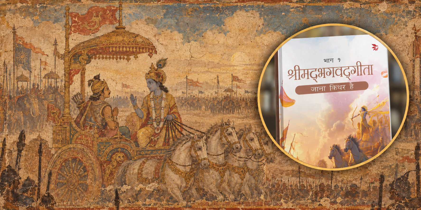 प्राचीन चित्र शैली में कुरुक्षेत्र की युद्धभूमि पर श्रीकृष्ण और अर्जुन; गोल घेरे में भाग 1 का रंगीन पुस्तक कवर